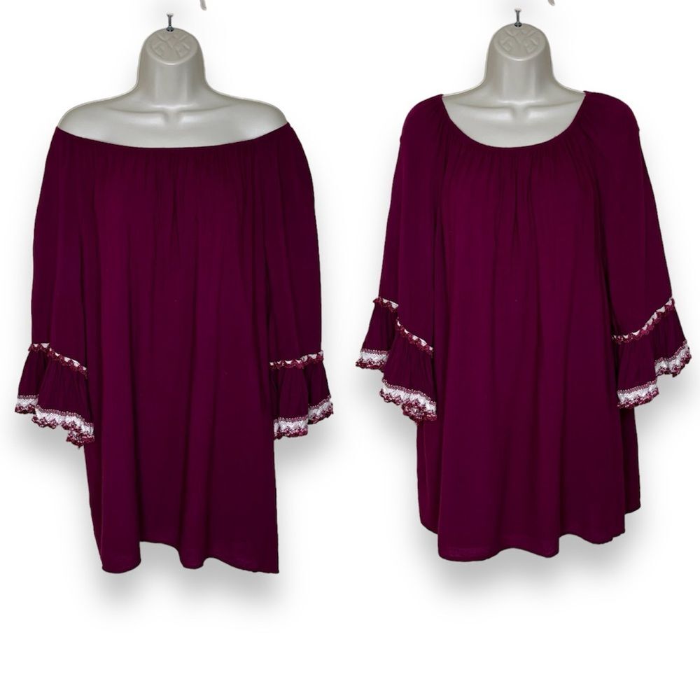 Entro Off Shoulder Crochet Lace Bell Ruffle Sleeve Boho Berry Tunic Women Small